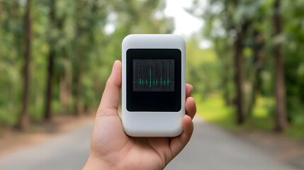 Hand Holding Portable Air Monitor with Digital Readings Outdoors