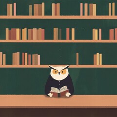 Charming Owl Librarian Reading a Book in a Cozy Library Setting Surrounded by Colorful Bookshelves