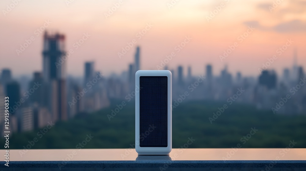 Poster air pollution sensor displaying pm2.5 levels against hazy city skyline