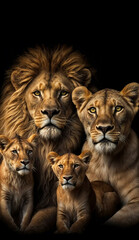 Family of lions with a lion, a lioness, and several cubs. Representing the strength, resilience, and love