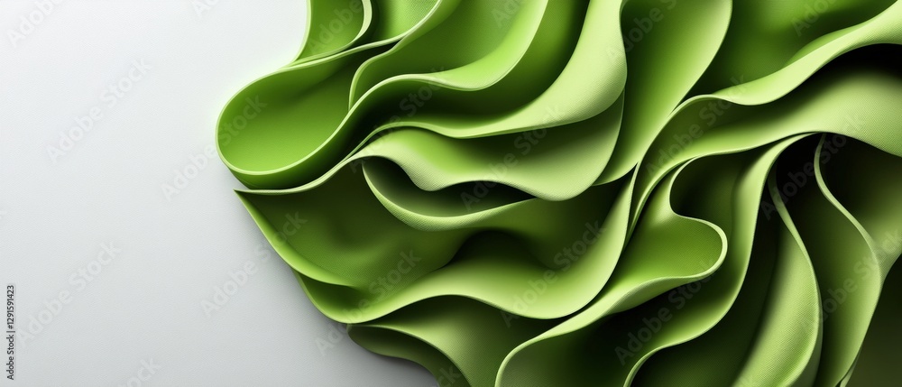 Poster green wave of paper flowing on a white background illustrating movement and texture in a minimalist 