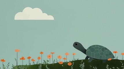 Whimsical Turtle in a Colorful Garden Full of Nurturing Flowers and a Playful Atmosphere