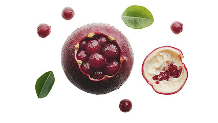sliced pomegranate with seeds around on a backdrop