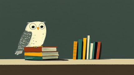 Wise Owl Librarian Carefully Stacking Colorful Books in a Charming Illustration for Learning and Education Themes