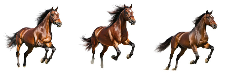 Naklejka premium A Set of Majestically Rendered Graceful Horse in Full Gallop Across an Expansive Field with Natural Elegance Isolated on transparent Background