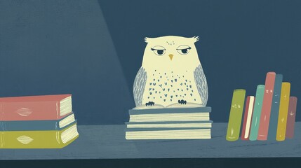 Wise Owl Librarian Stacking Colorful Books in a Cozy Library Setting