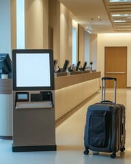 Modern airport check-in area featuring a kiosk and a suitcase ready for departure.