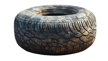 a worn tire with a detailed tread pattern. The tire is well-used, and the treads show signs of wear
