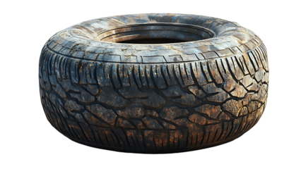 a worn tire with a detailed tread pattern. The tire is well-used, and the treads show signs of wear
