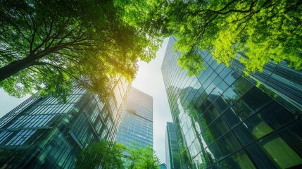 Tall glass buildings stretch upwards, surrounded by vibrant green foliage, as sunlight filters through the leaves. This urban landscape emphasizes the blend of nature and corporate responsibility