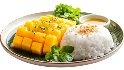 a plate of delicious mango sticky rice, a popular dessert in many Asian countries. The dish features fresh, ripe mango slices served alongside sweet sticky rice and a creamy coconut milk sauce