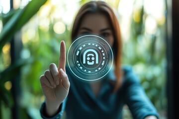 Woman interacting with a futuristic user interface featuring a face recognition icon, focusing on biometric security and technology