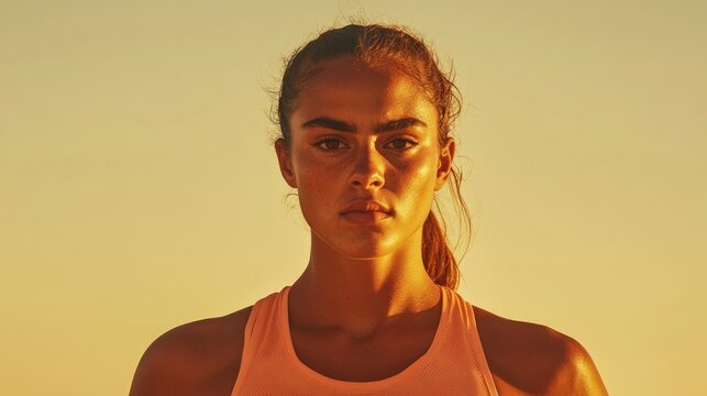 Strong athlete stands against warm sunset, showcasing determinat