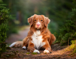 nova scotia duck tolling retriever lying down and looking at camera