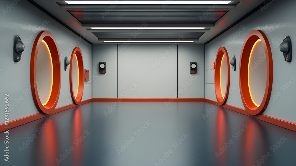 Poster futuristic sleek and symmetrical spaceship corridors with bold neon lighting extending into an empty