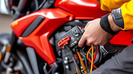 Detailed Digital Diagnostic Tool Connected to Motorcycle's ECU for Modern Repair Process