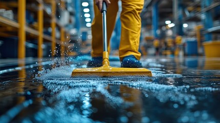 Industrial Floor Cleaning Worker Mopping Wet Factory Floor with Yellow Mop