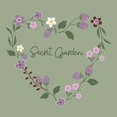 Heart with flowers, Boho floral heart secret garden slogan on frame illustration for t-shirt print design, Mini flowers, Floral love, Heart frame of wreath flower for wedding decoration vector clipart