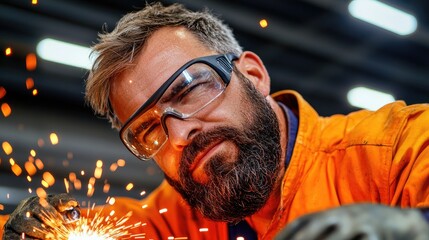 Obraz premium Focused welder sparks fly industrial factory