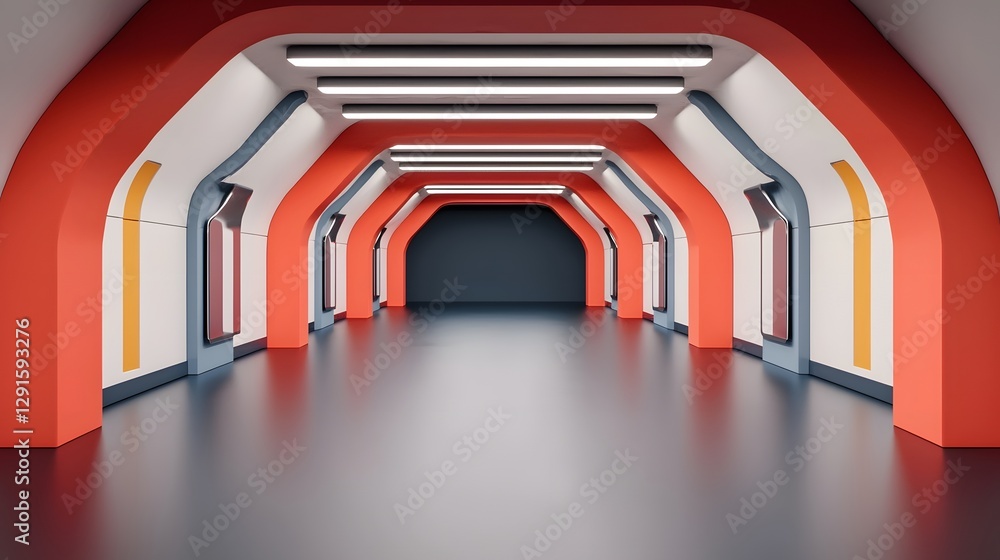 Poster futuristic spaceship corridors extending symmetrically with sleek neon lighting creating a clean min