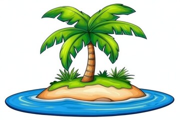 Obraz premium a 2D cartoon illustration of a tropical island with a single palm tree, remote and serene, white background