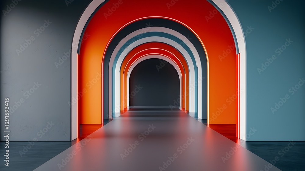 Poster futuristic spaceship corridors extending symmetrically with sleek neon lighting creating a mesmerizi