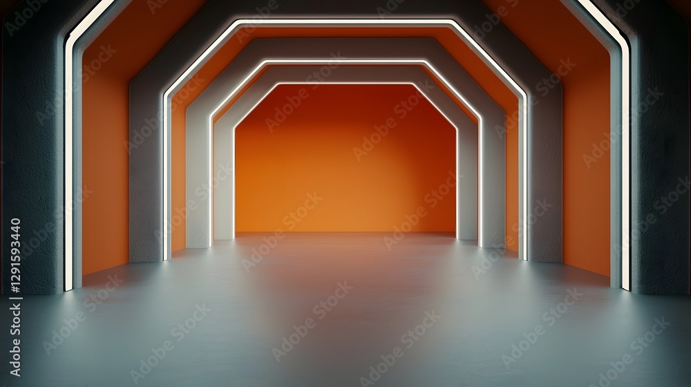 Poster futuristic spaceship corridors extending symmetrically with sleek neon lighting creating a modern an