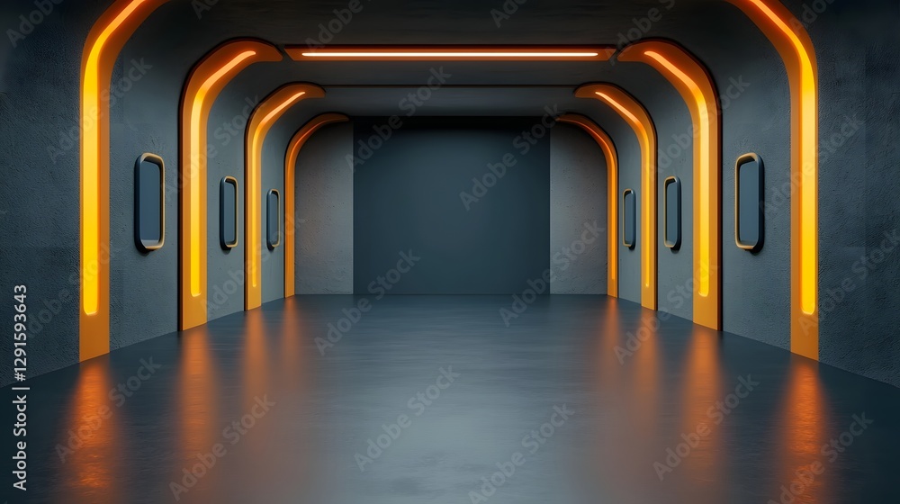 Poster futuristic symmetrical corridors extending in a sleek minimalist spaceship design with glowing neon 