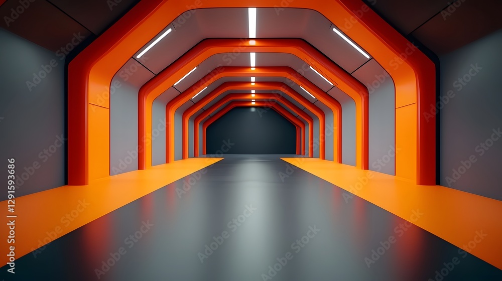 Poster futuristic symmetrical neon lit spaceship corridor with sleek minimalist interior design creating a 