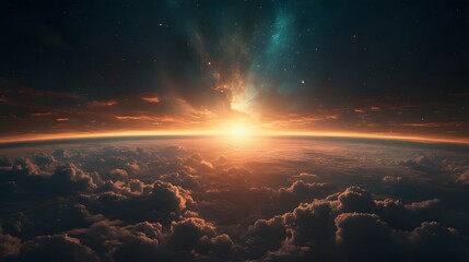 Celestial Dawn: Witness the breathtaking spectacle of a sunrise or sunset from the edge of space, where the sun's radiant glow illuminates the Earth's atmosphere.