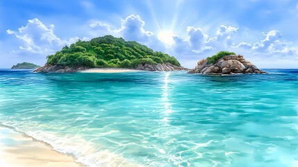 Tropical island paradise, turquoise ocean, white sand beach