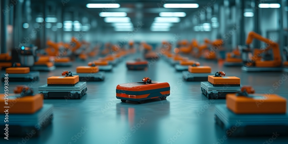 Poster futuristic warehouse automation hub with a dizzying array of intelligent robotic systems self drivin