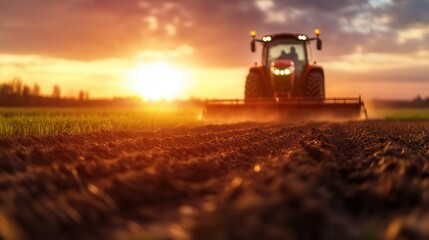 Fototapeta premium Tractor in field during sunset with vibrant sky and dusty soil.
