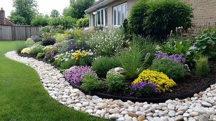 Vibrant flowerbed border, curving design