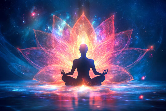 Silhouette of a meditating person in a cosmic space with glowing lotus energy radiating behind, symbolizing spirituality and inner peace