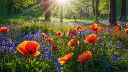 Bright and Unique Spring Landscape. Colorful Nature Background with Flowers and Greenery for Design, Creativity, and Inspiration