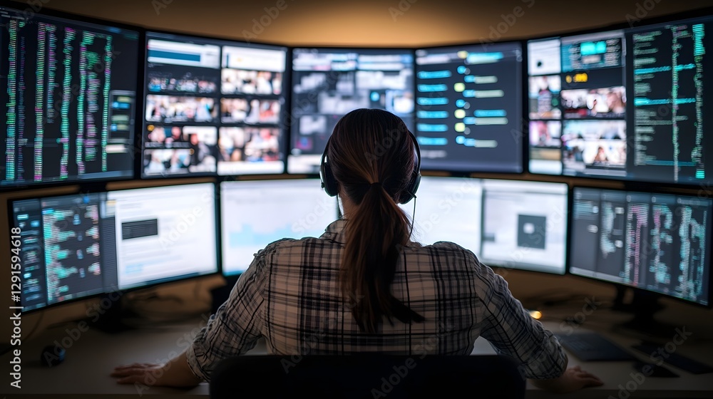 Poster cybersecurity expert monitoring real-time threats on multiple screens