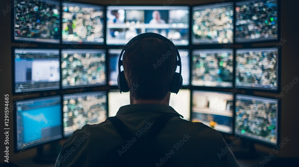 Poster cybersecurity expert monitoring real-time threats on multiple digital displays