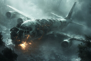 An airplane wreck is surrounded by thick foliage, with smoke rising and parts of the fuselage damaged. Nature has begun to reclaim the remnants slowly. Generative AI