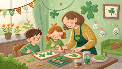 A family making St. Patrick's Day crafts: painting shamrocks and decorating cookies, St. Patrick's Day