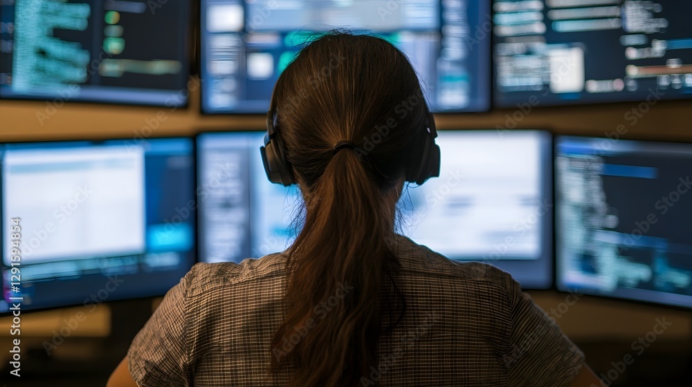 Poster cybersecurity expert monitoring real-time digital threats on multiple screens