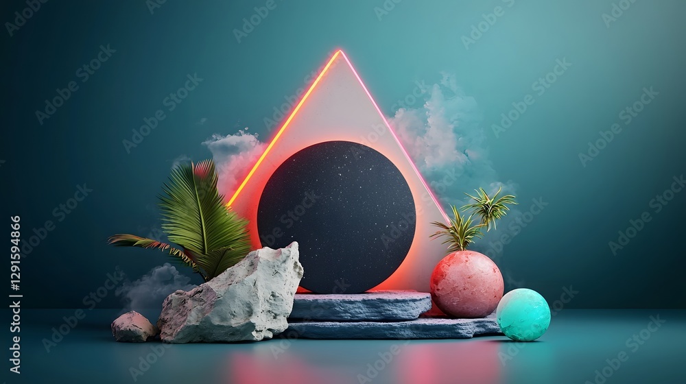 Poster geometric neon shapes arranged symmetrically along the edges of the frame creating a futuristic synt