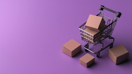 Shopping cart with cardboard boxes on purple ba...