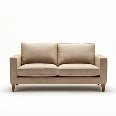 Fototapeta premium Minimalist Beige Upholstered Sofa on White Studio Backdrop