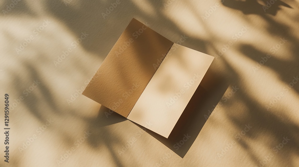 Poster minimalist open notebook with natural shadows on a textured surface during daytime, showcasing a ser