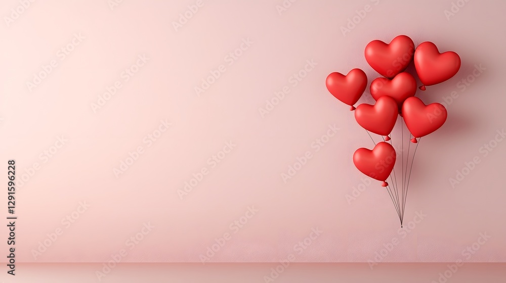 Poster glowing floating red heart shaped balloons against a soft pastel pink gradient background leaving an