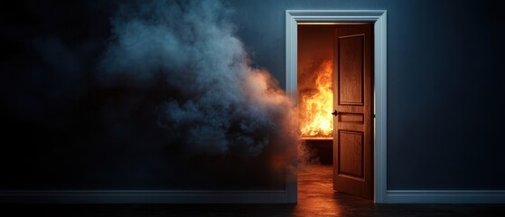 Insurance and Security, Protection, Safety. A door opens to a room filled with smoke and flames, creating a dramatic atmosphere.