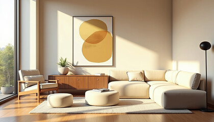 Modern Minimalist Living Room with Beige Sofa, Cozy Armchair, and Elegant Wall Art in Sunlit Interior