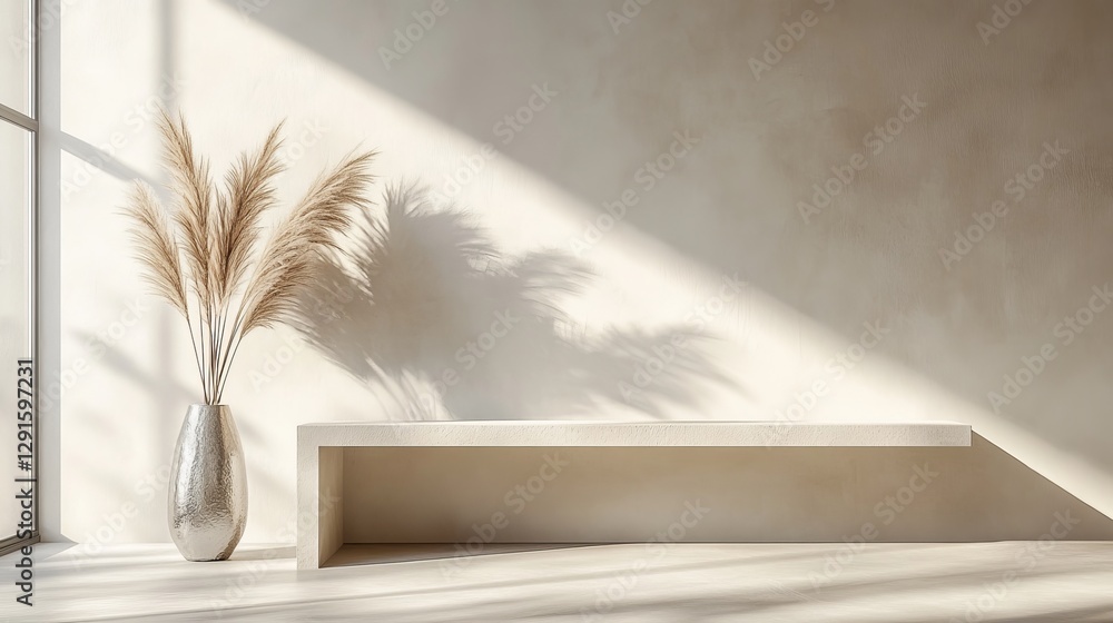 Poster elegant arrangement of dried grass in a simple vase on a sunlit surface casting soft shadows in a mi