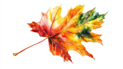 Vibrant watercolor painting of maple leaf showcasing autumn colors like red, orange, and green, capturing beauty of nature seasonal change
